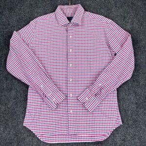 Tom James Mens Custom Gingham Check Dress Shirt Pink Blue White Made in USA